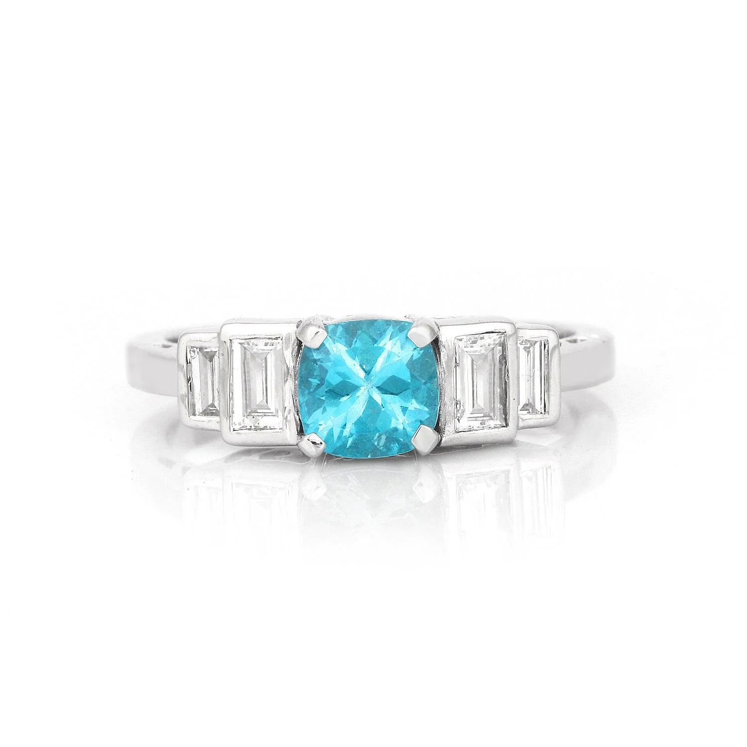 Breathable 1.05 Ct Cushion Blue Natural Paraiba Apatite Prong Rhodium Plated Sterling Silver Baguette Accents Five Stone Ring Elite