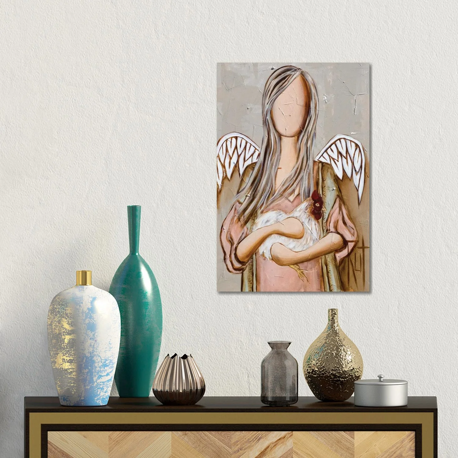 Original Design Angel Holding Chicken by Ruth's Angels - Canvas Gallery Wrap Safe