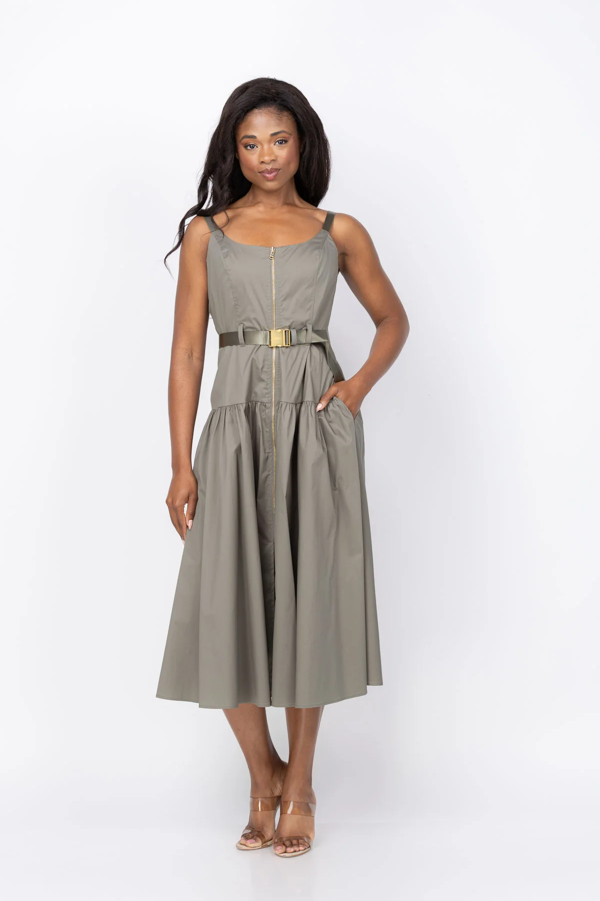 Detailed L'AGENCE Rima Dress in Smokey Olive Top-Quality