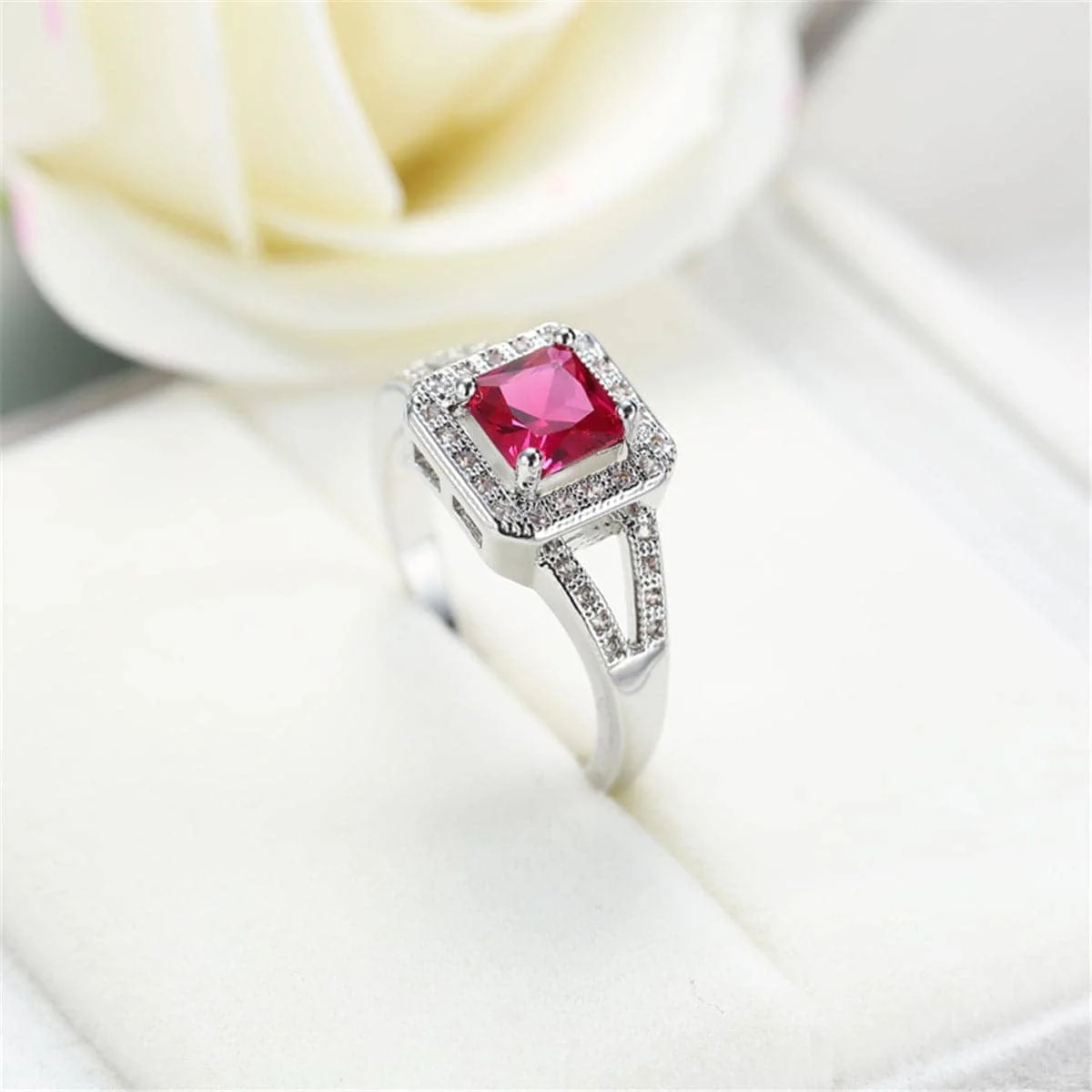 World-Class Red Cubic Zirconia Crystal Halo Cushion-Cut Ring Fast