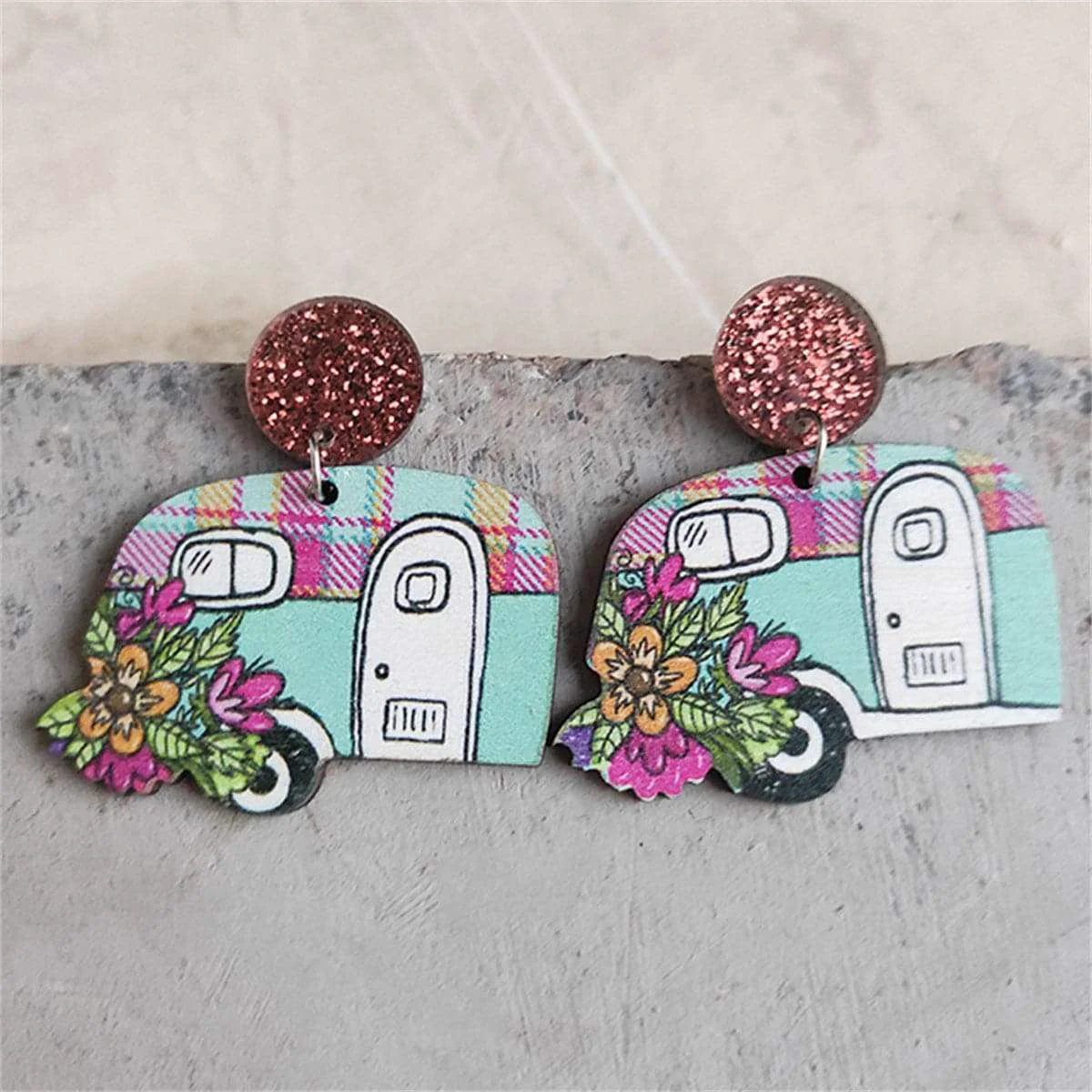 Authentic Pink Blue Floral Camper Glitter-Accent Drop Earrings Certified