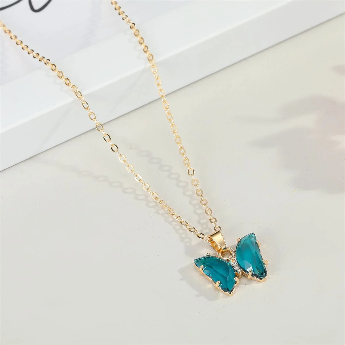 Versatile Blue Crystal Cubic Zirconia Butterfly Pendant Necklace Classic
