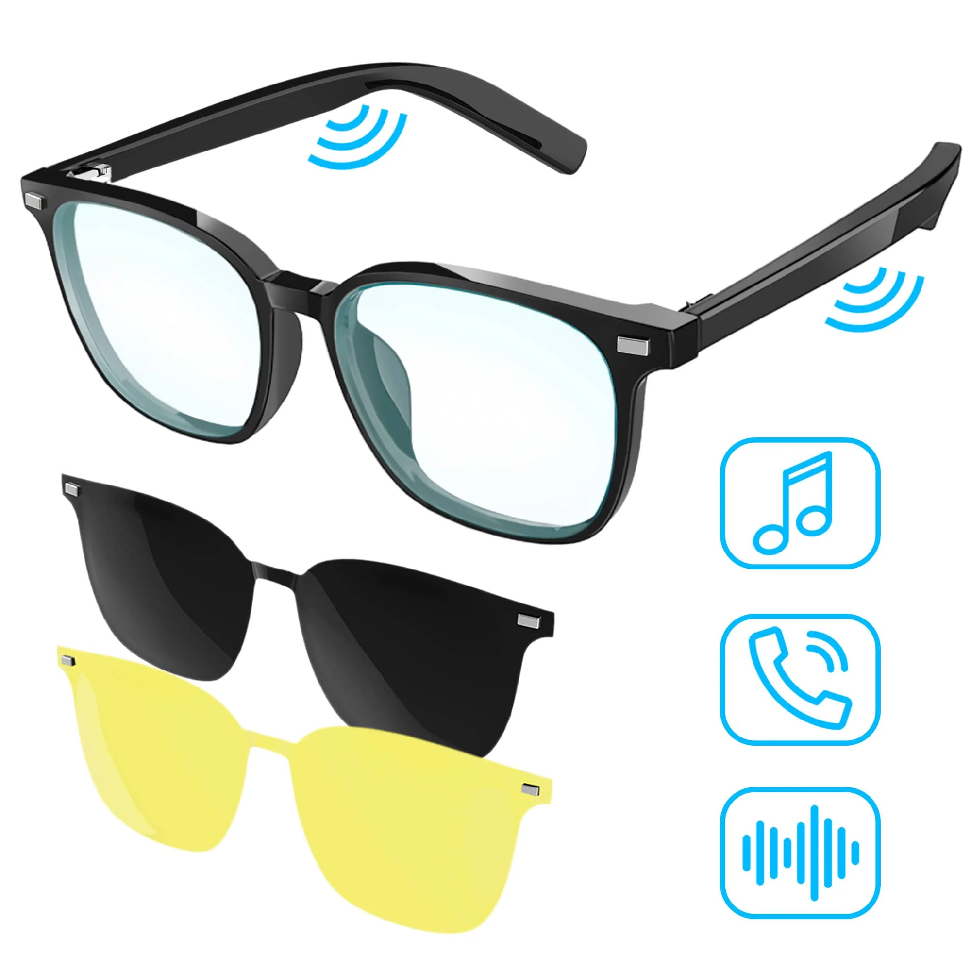 Powerful Alpha Digital - Multi-Lens Attachments Open-Ear Audio w Mic IP65 5hr Battery Smart Bluetooth Smart Glasses Comfortable