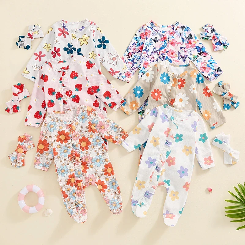 Eco-Friendly Baby Girls 2Pcs Long Sleeve Strawberry Flower Butterfly Print Frills Zipper Footies Jumpsuit and Headband Romper SetSPECIFICATIONS Relaxed