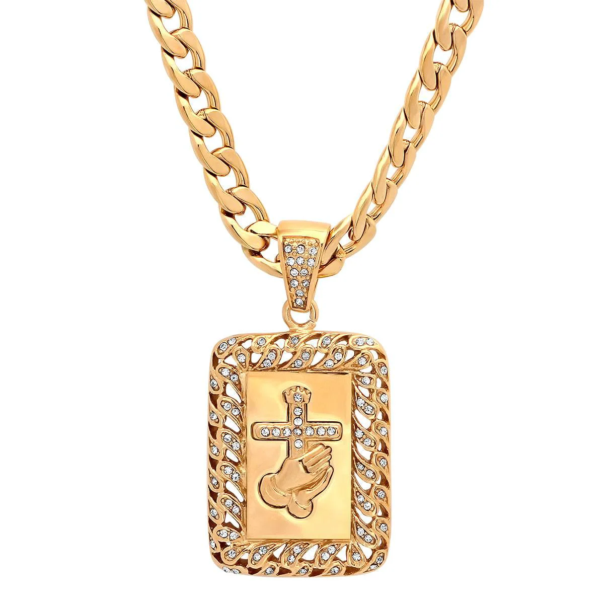 Original 18K Gold Plated Stainless Steel Prayer Hands And Cross Pendant With Simulated Diamonds User-Friendly