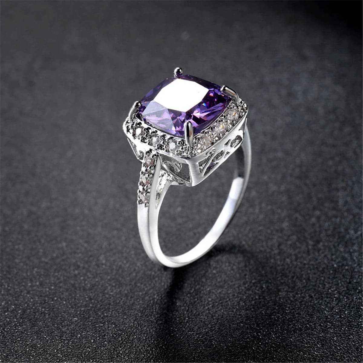 Artisan Purple Crystal Cubic Zirconia Halo Princess-Cut Ring Luxury