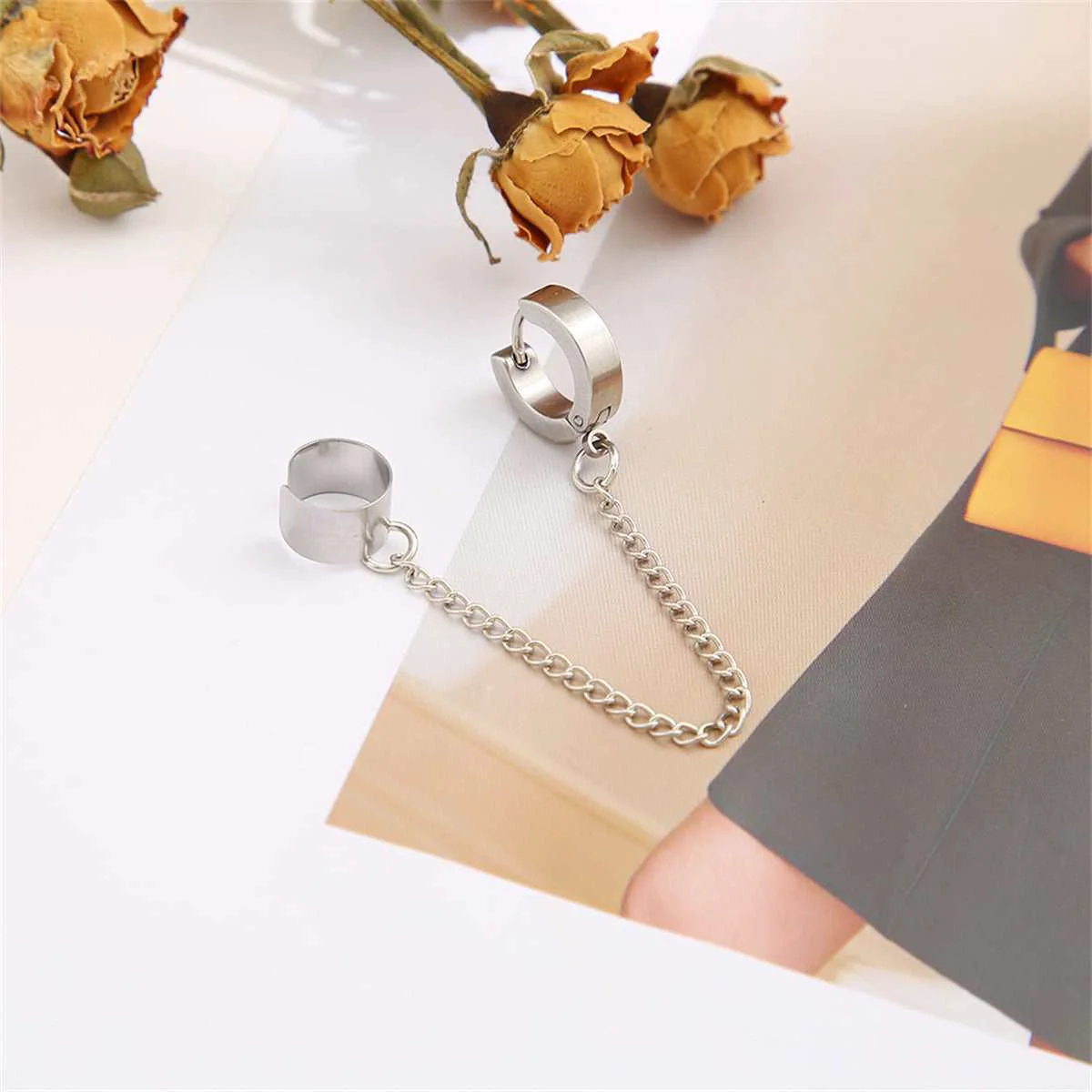Artisan Silvertone Huggie Earring Chain Ear Cuff Exclusive