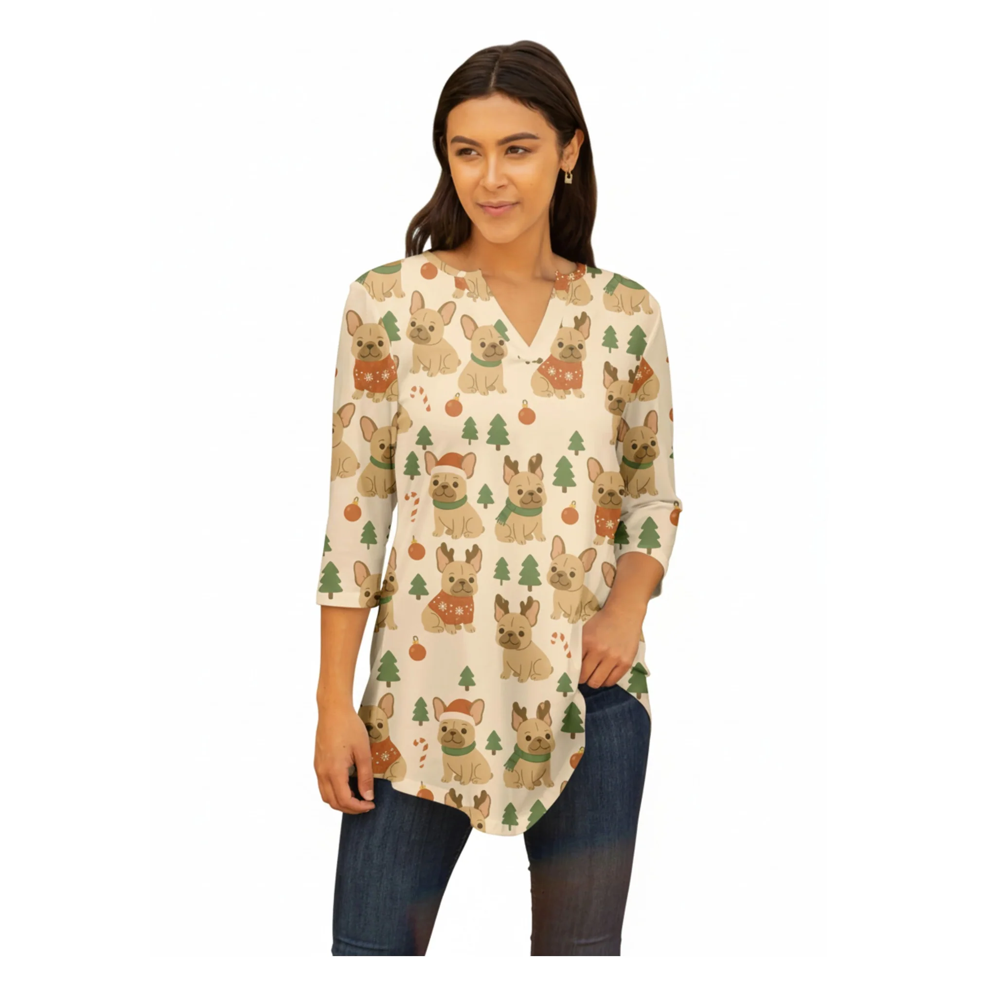 Natural Lily by Firmiana Women's 3 4 Sleeve Notch Neck Tunic Holiday French Bulldog Print High-End
