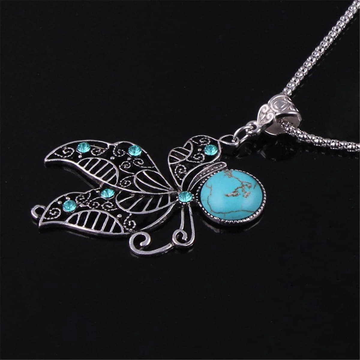 Advanced Turquoise Cubic Zirconia Silvertone Butterfly Pendant Necklace Practical