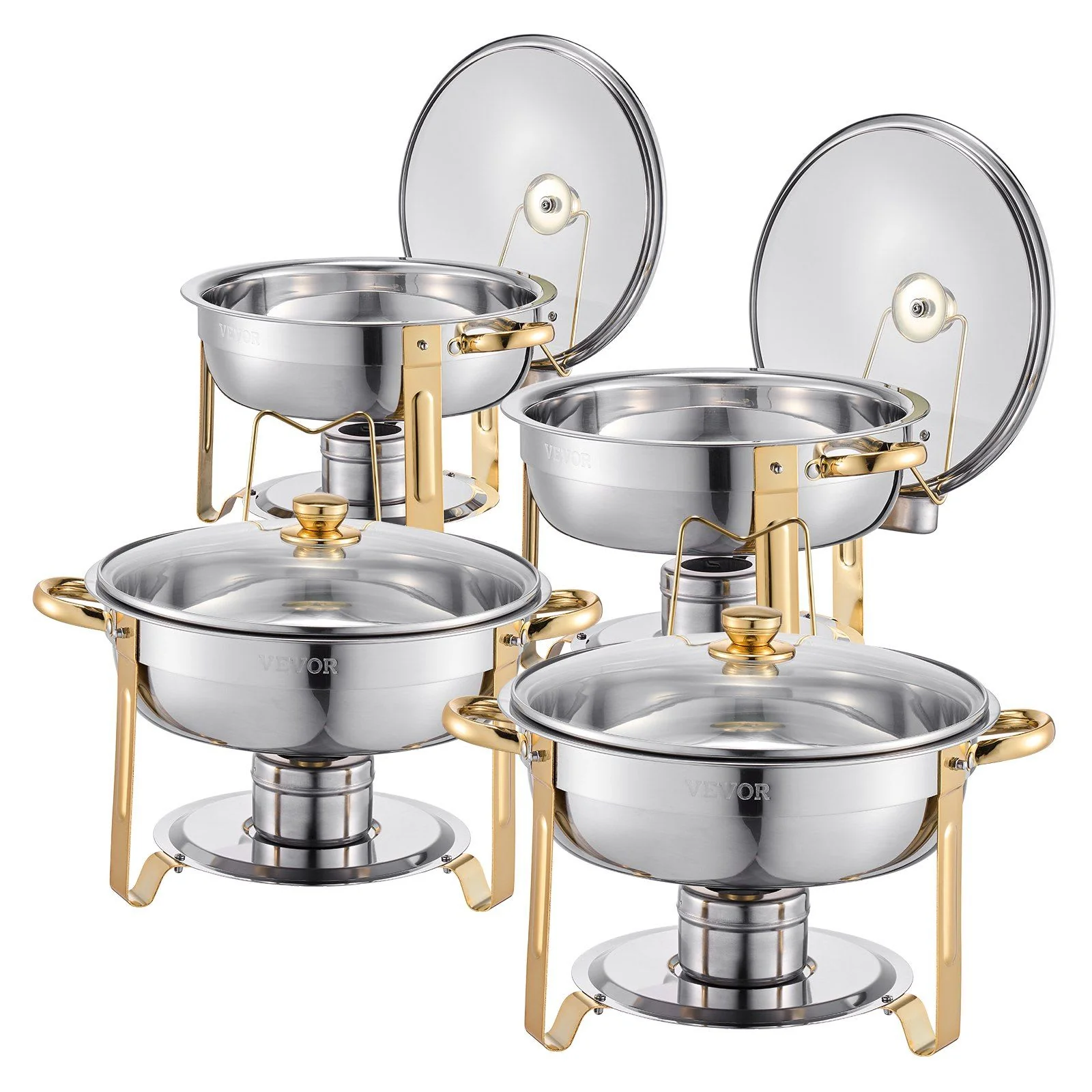 Trendy VEVOR 5 Qt 4 Pack Round Chafing Dish Buffet Set Full-Size Pan Stainless Steel Gold - Silver 2 Carefully Designed