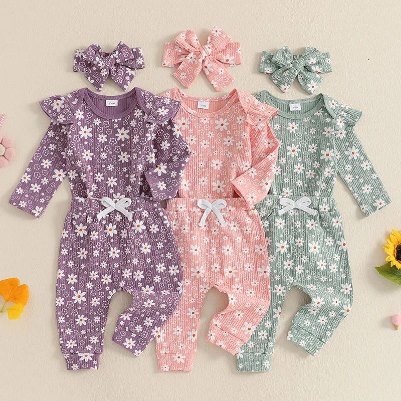 Unique Baby Girl 3Pcs Spring Fall Outfit Floral Print Long Frill Sleeve Romper Long Flower Pants Headband SetSPECIFICATIONS Powerful