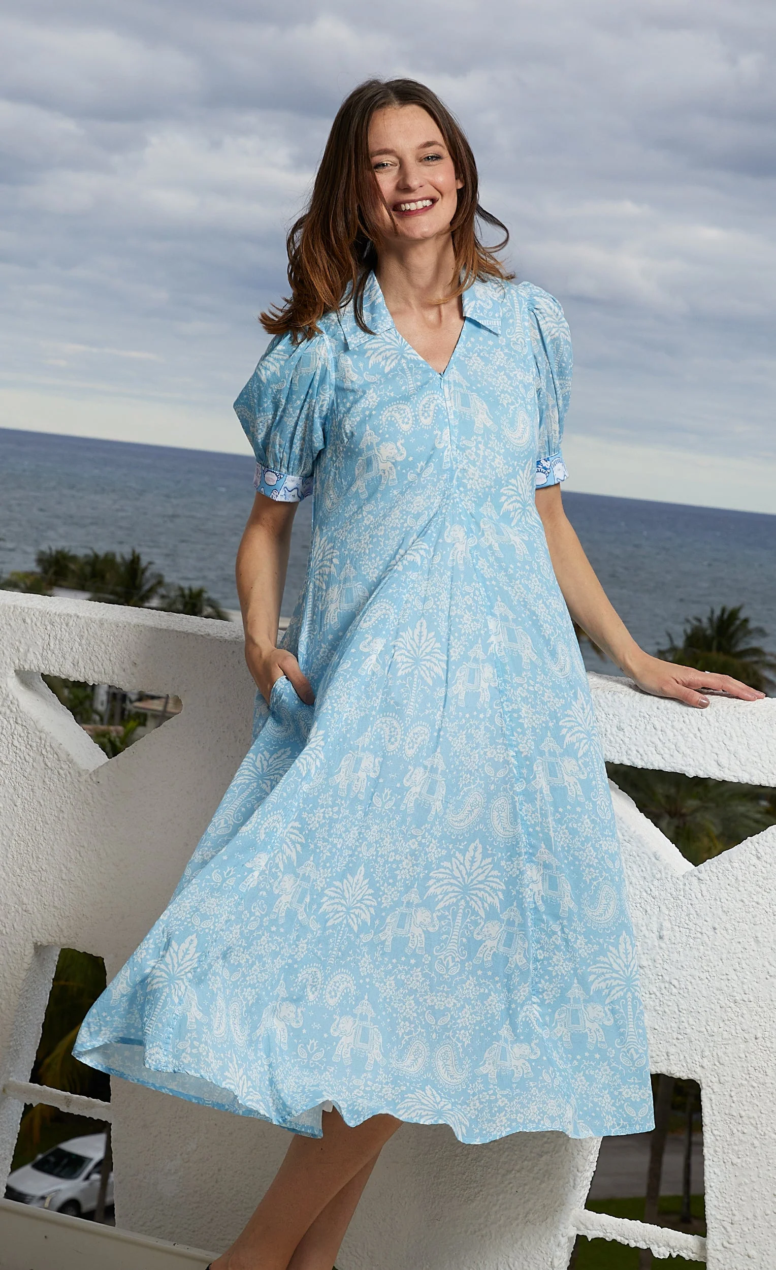 Stylish Montauk Dress Light Blue Elephants And Palm Trees Optimized