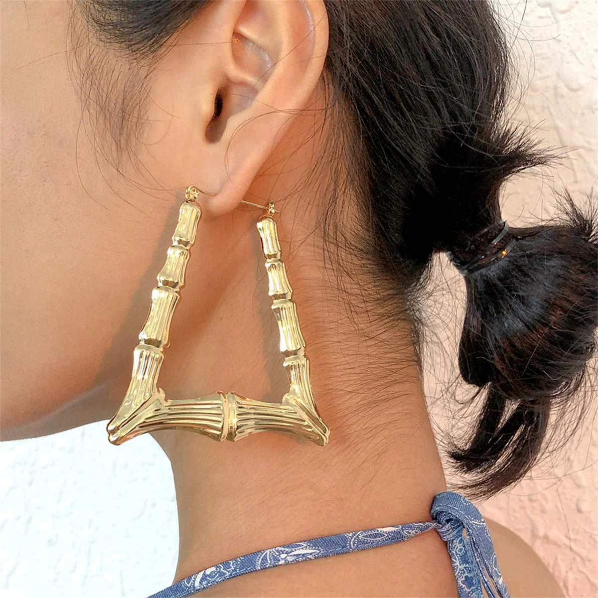 World-Class Goldtone Open Trapezium Bamboo Huggie Earrings Selected