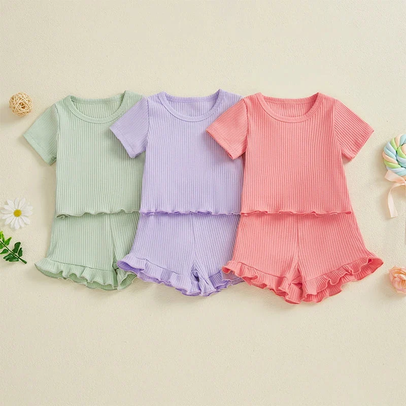 Outstanding Baby Toddler Girls 2Pcs Ribbed Outfit Solid Color Short Sleeve T-Shirt Top Elastic Waist Ruffle Shorts SetSPECIFICATIONS Elite