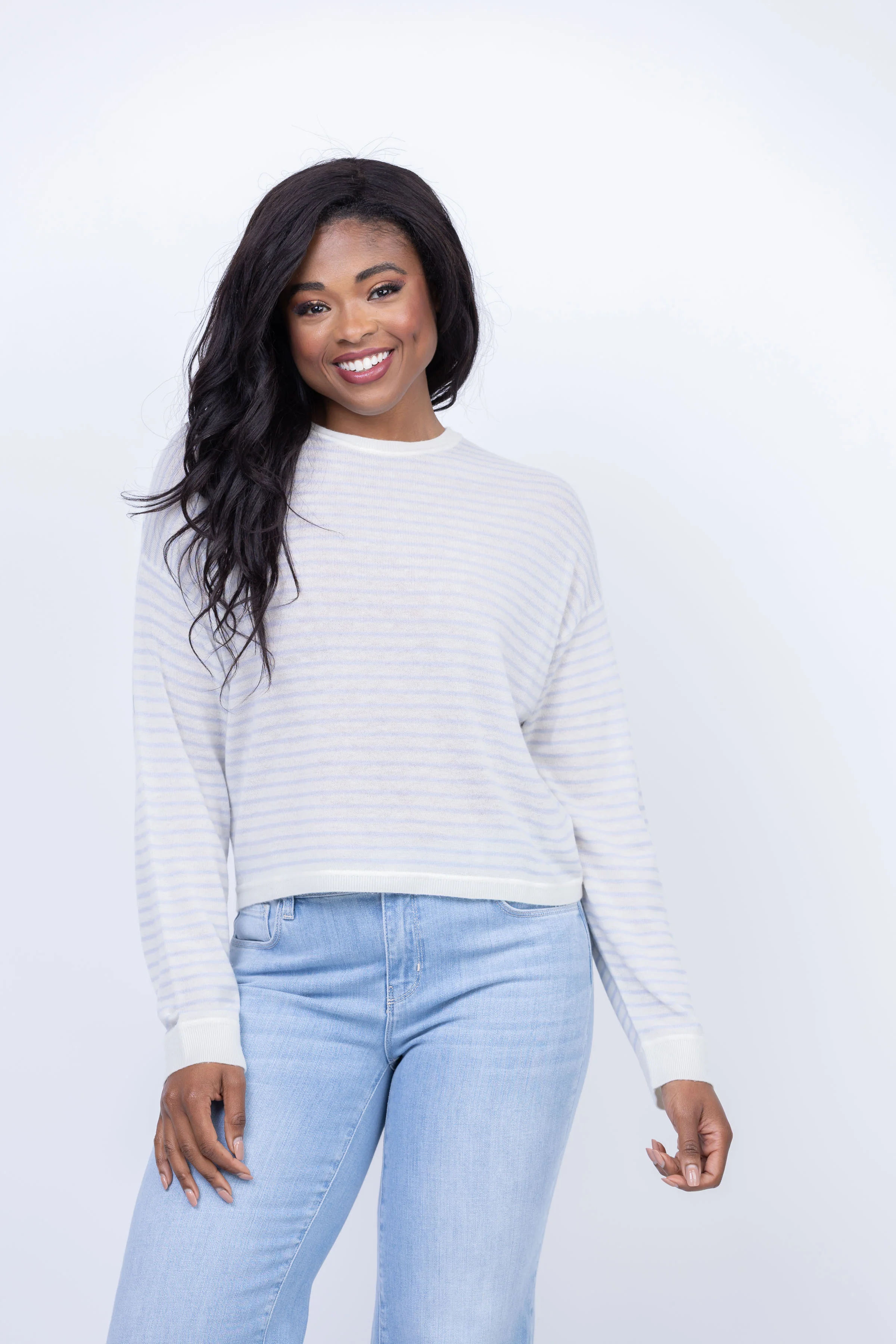 Top-Quality White Warren Superfine Cashmere Blend Striped Sweatshirt in White Horizon Blue Durable