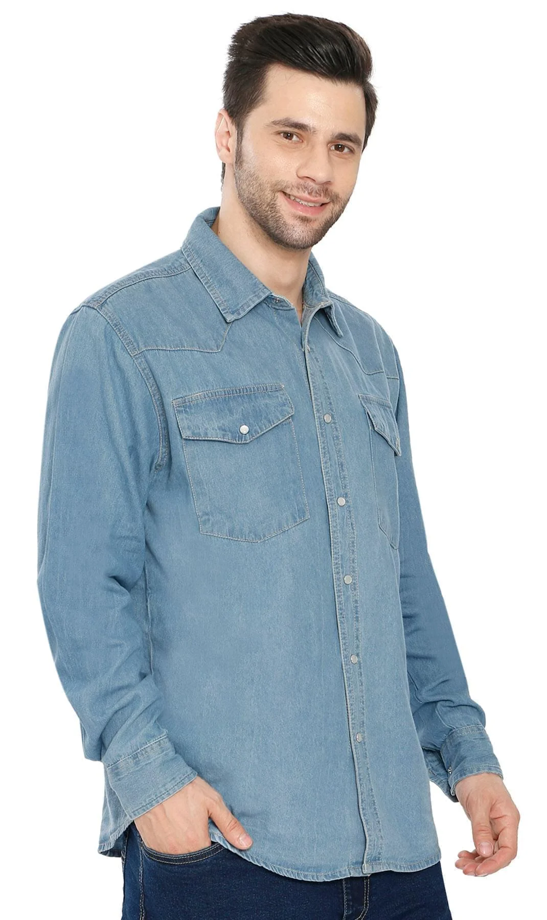 Versatile Mens Western Snap Front Button Shirt in Denim and Twill with a Stitched Yoke and Chest Pockets Modern