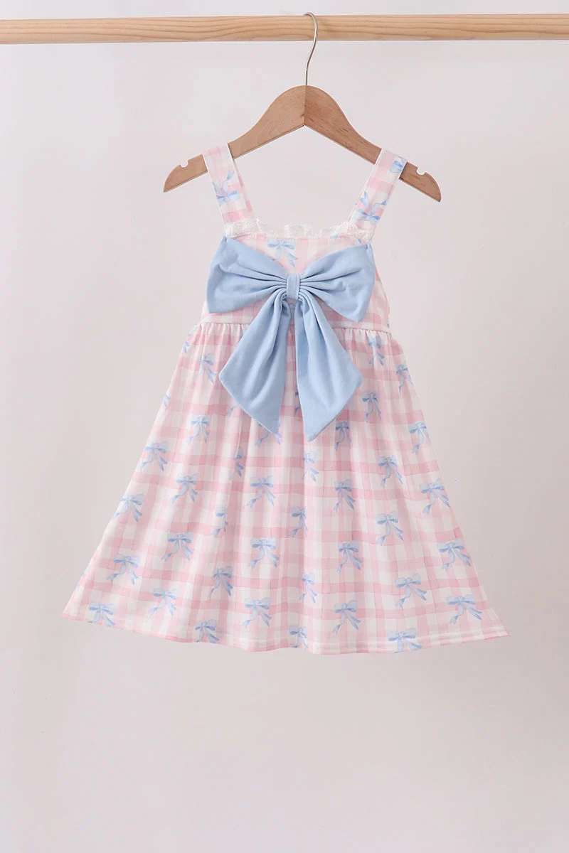 Soft Pink Gingham Bow Print Dress First-Class