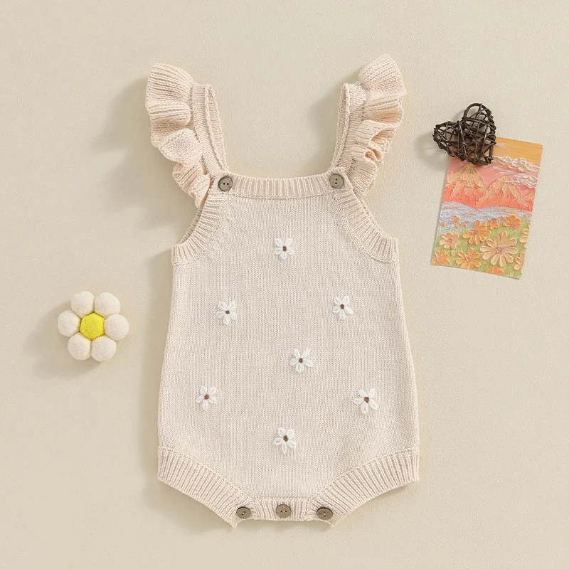 Solid Baby Toddler Girls Knitted Romper Spring Summer Ruffles Floral Embroidery Flowers Jumpsuits Playsuits ClothesSPECIFICATIONS Responsible