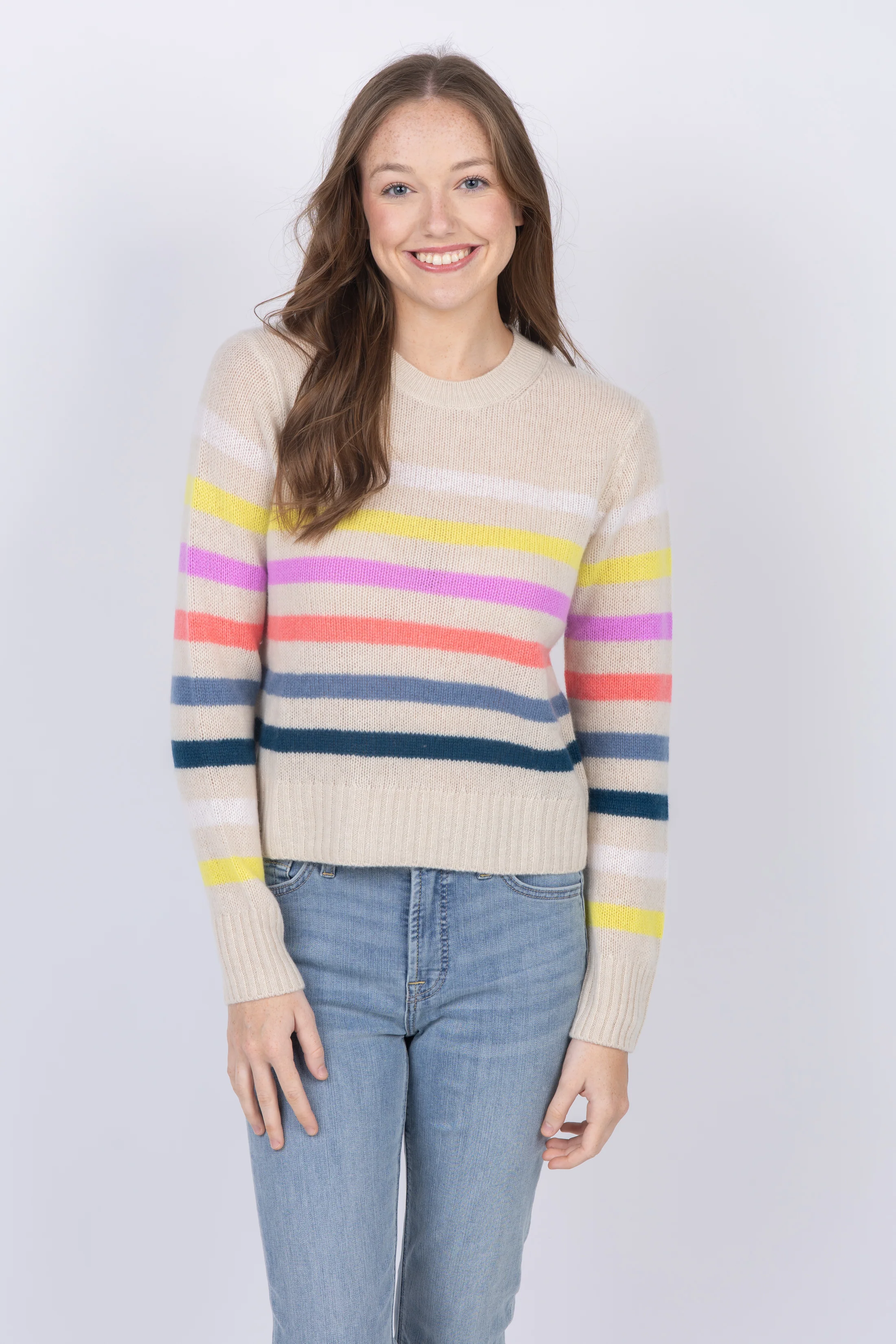 Elite White Warren Cashmere Featherweight Striped Crewneck in Multi Combo Sustainable