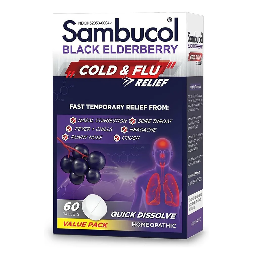 High-End Sambucol Cold and Flu Relief Tablets Homeopathic Cold Medicine 60Ea Recyclable