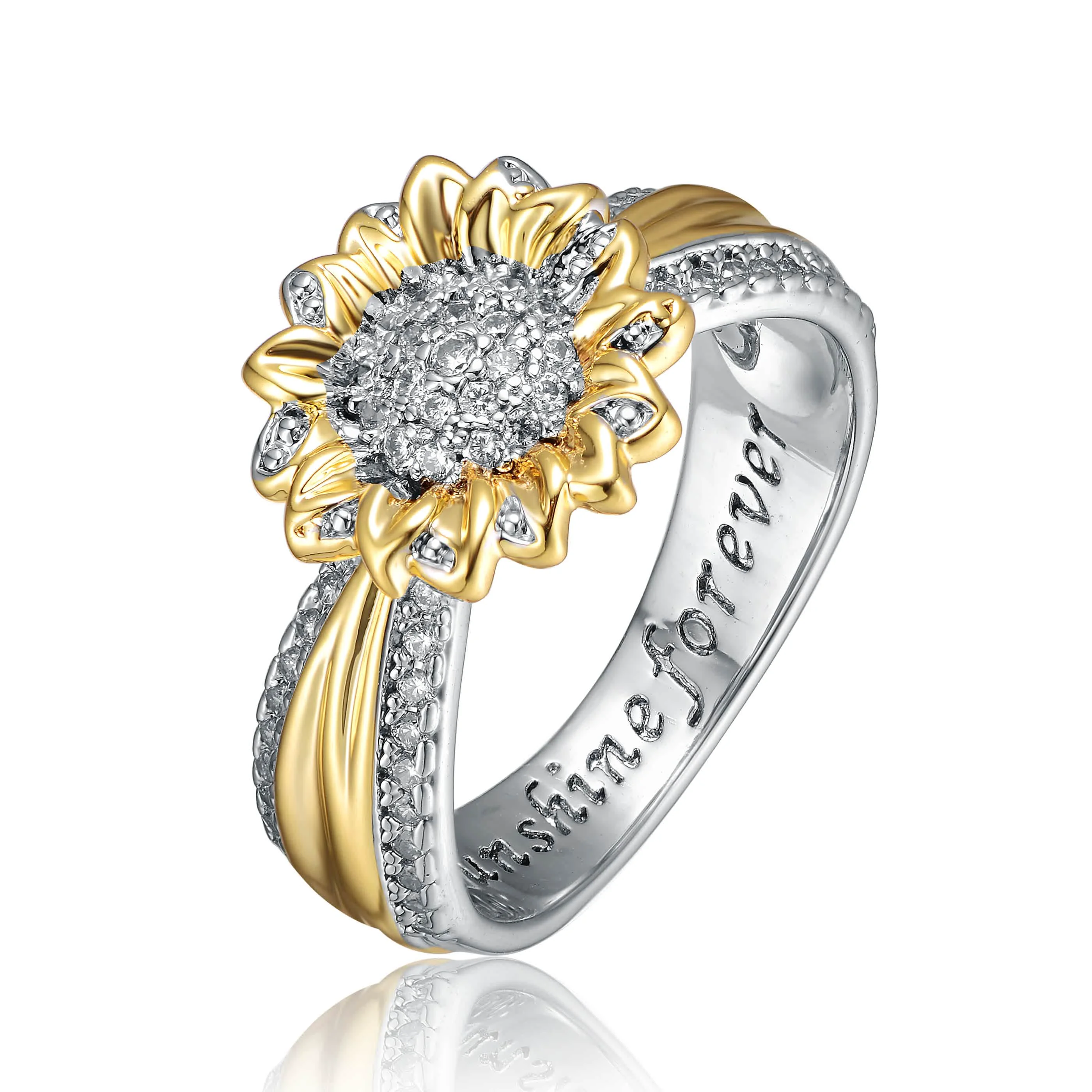 Contemporary Rhodium and 14K Gold Plated Cubic Zirconia Nature Inspired Ring Detailed