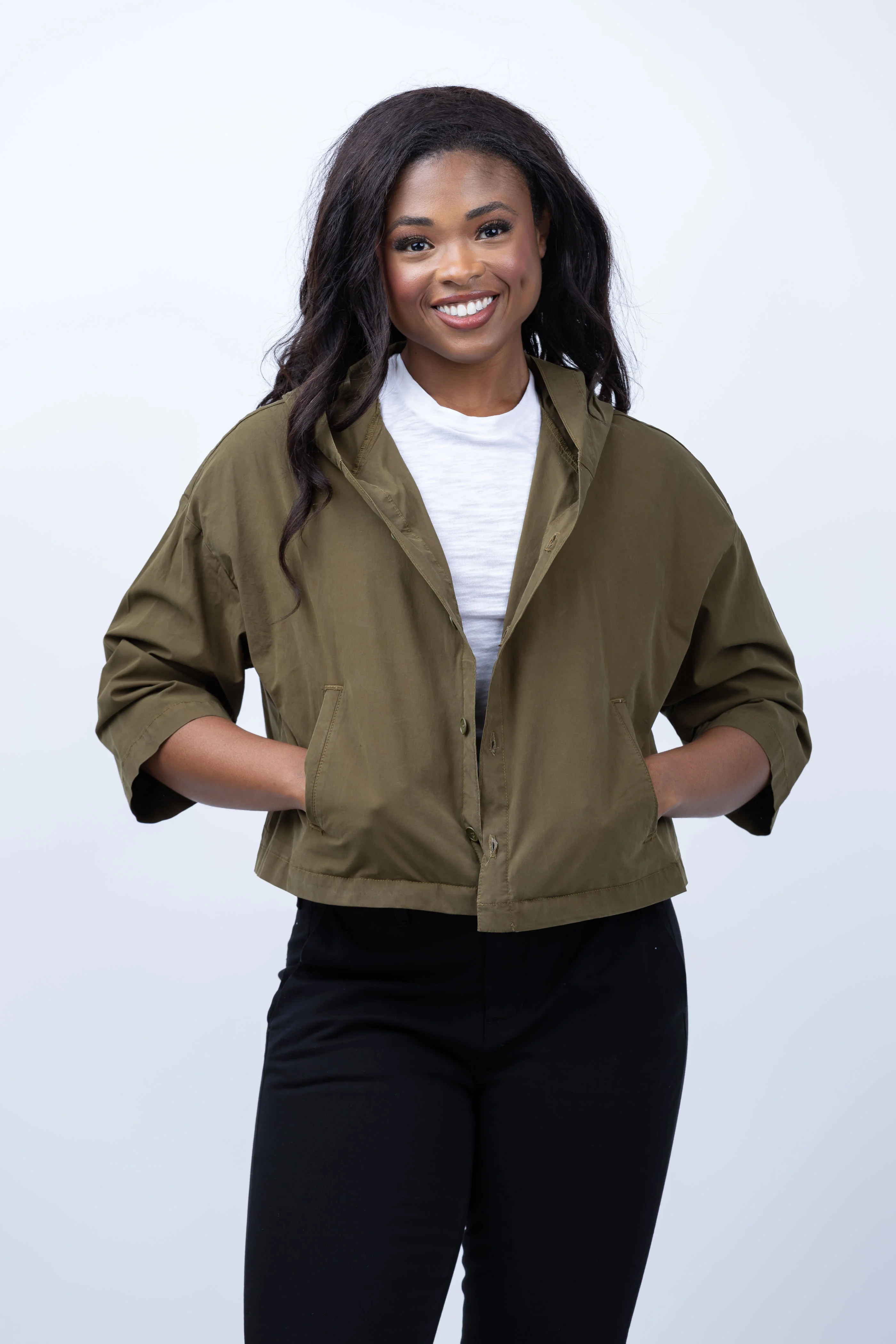 Detailed L'AGENCE Devi Hooded Swing Coat in British Khaki Certified
