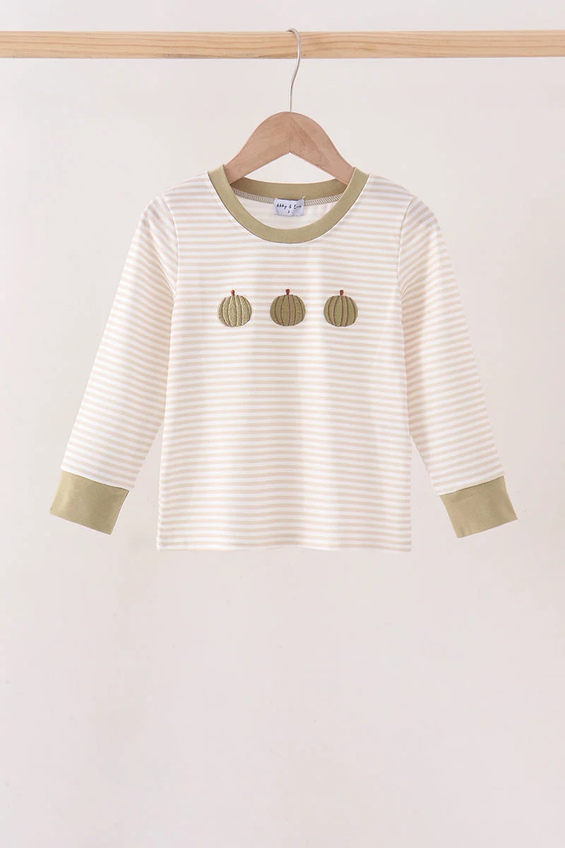 Stylish Khaki Pumpkin Embroidery Stripe Top Healthy