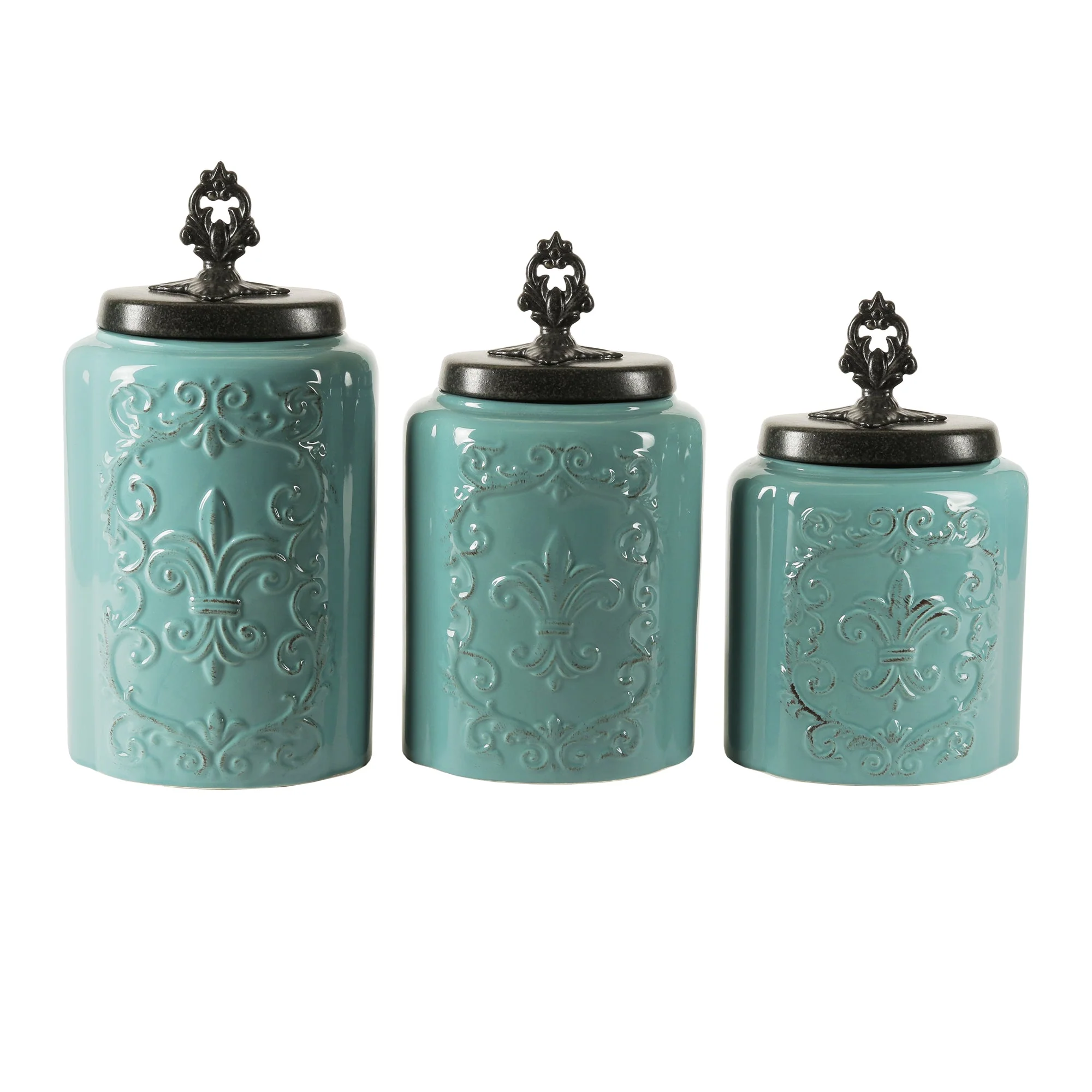 Secure Jay Companies Blue Antique Stoneware Canister Set 3 Pieces World-Class