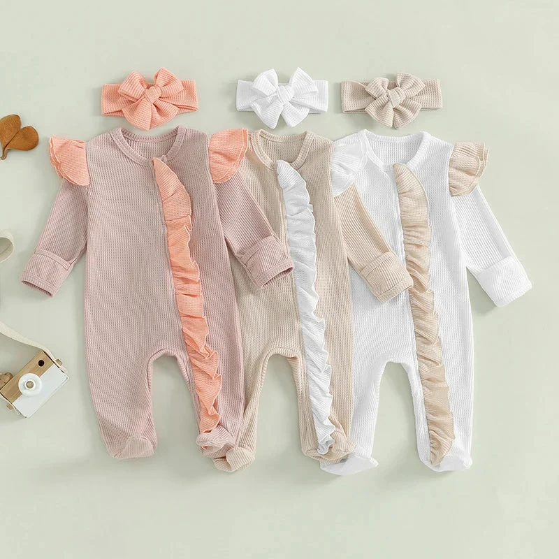 Verified Baby Girls 2Pcs Outfit Long Sleeve Crew Neck Frills Zipper Romper Contrast Color Footies and Headband SetSPECIFICATIONS Traditional