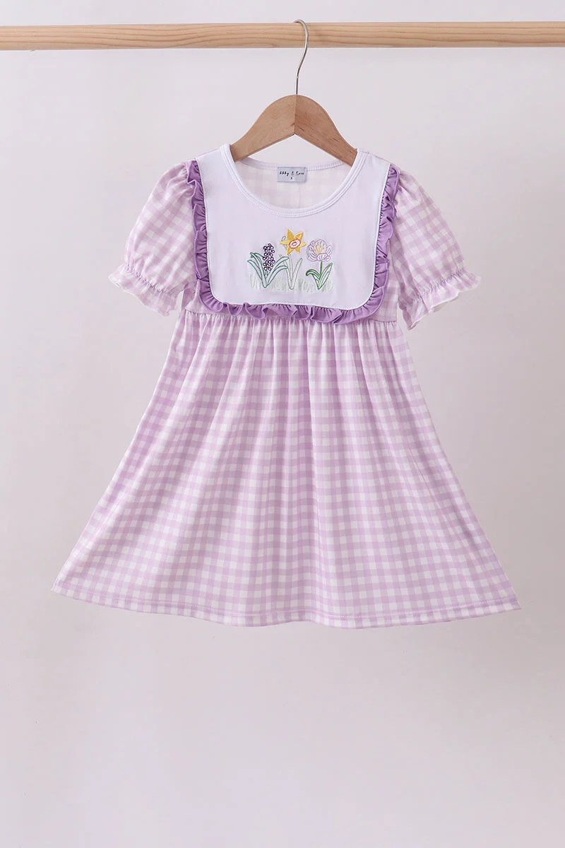 Consistent Purple floral embroidery gingham ruffle dress Artisan