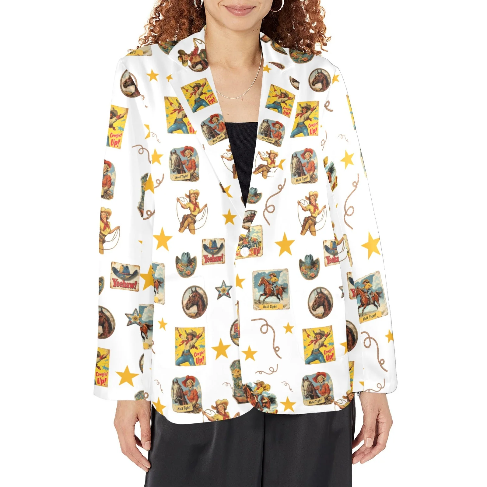 Healthy Baha Ranch Vintage Cowgirl Collage Women's Western Blazer in White Lightweight