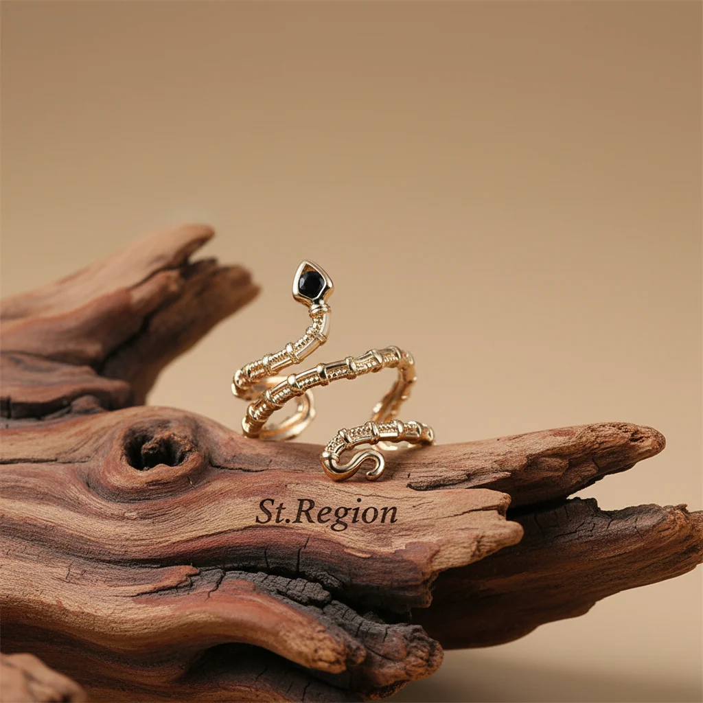 Authentic Black Cubic Zirconia Goldtone Snake Layered Open Ring High-End