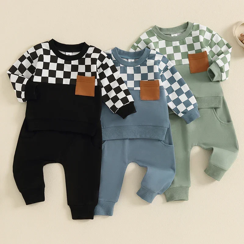 Official Baby Toddler Boys 2Pcs Fall Clothes Checkerboard Print Long Sleeve Pocket Top with Solid Color Long Pants Outfit SetSPECIFICATIONS Proven