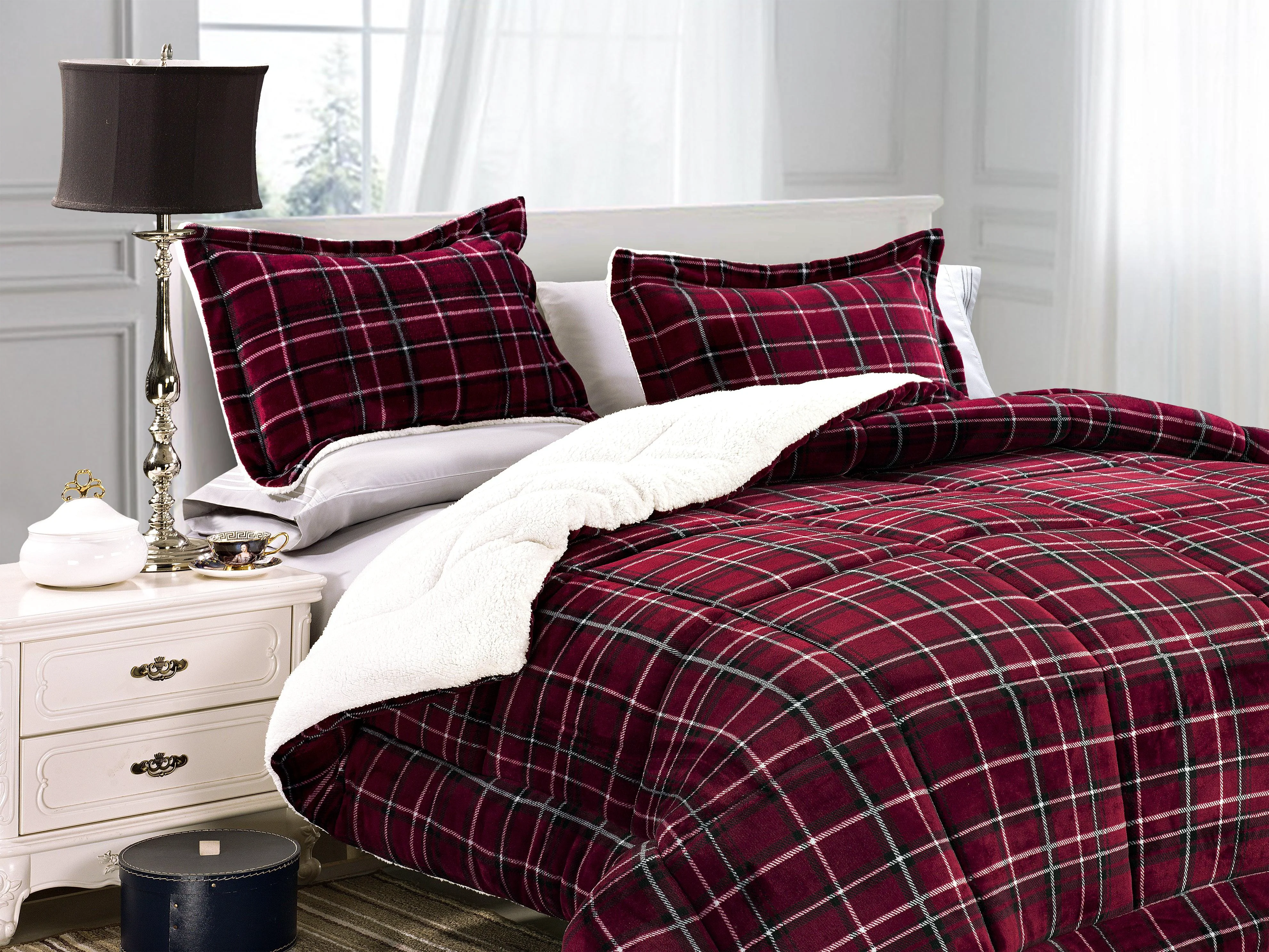 Artisan Elegant Comfort 3-Piece Plaid Micro-Suede Reversible Sherpa - Comforter Set Premium