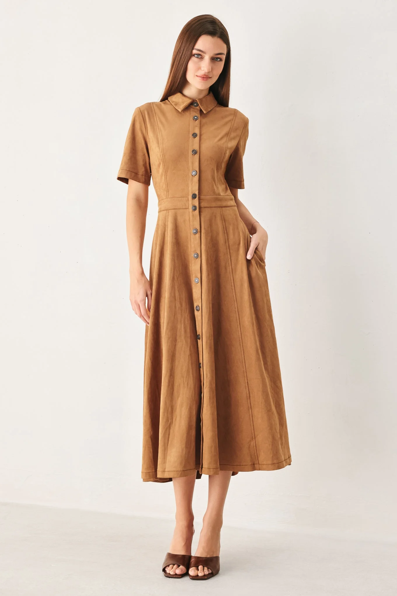 Effective Darling Came Faux Suede Midi Shirt Dress Trusted