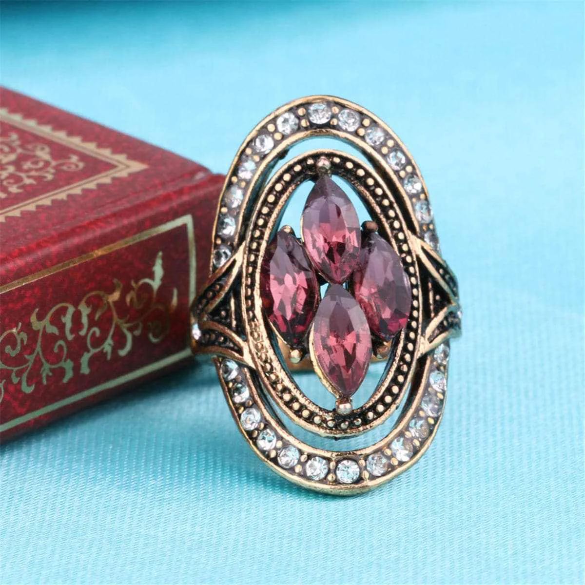 World-Class Green Crystal Burgundy Cubic Zirconia Band Ring Elite