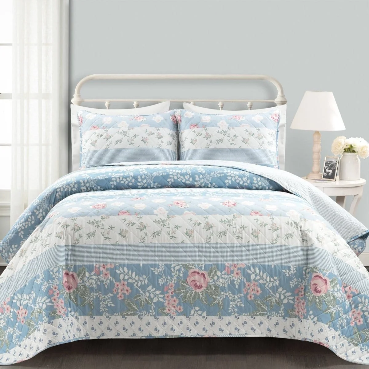 Practical Cottagecore Flower Stripe Cotton Quilt 3 Piece Set Trendy
