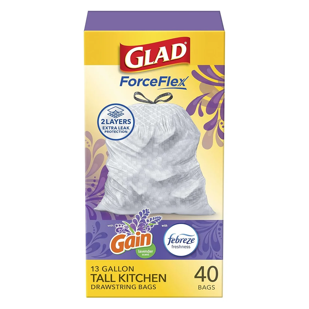Luxury Glad ForceFlex Tall Kitchen Trash Bags 13 Gal with Gain Lavender Scent 40Ea Modern