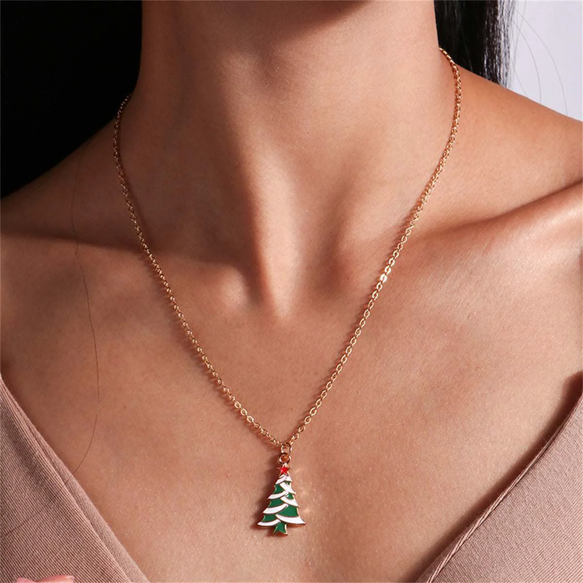 Secure Green White Christmas Tree Pendant Necklace Recyclable