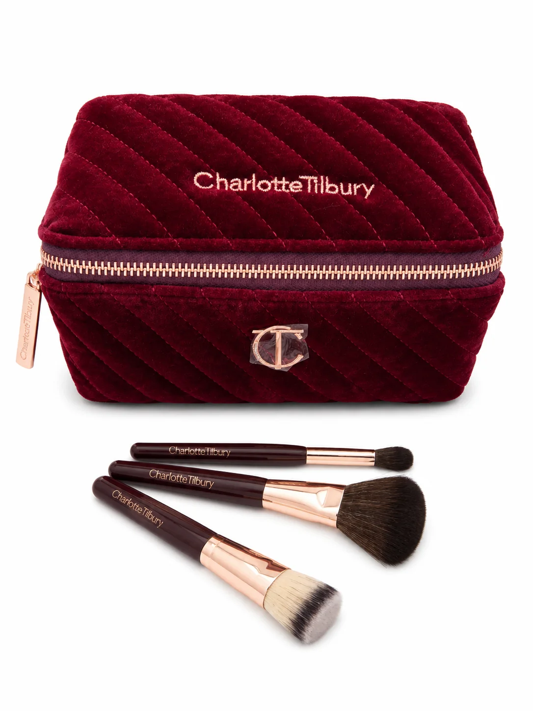 Stylish CHARLOTTE TILBURY BURGENDY BAG WITH 3 MINI BRUSH LIMITED EDITION Luxury