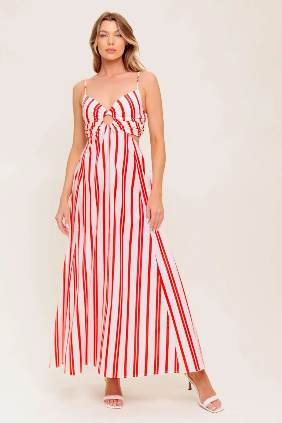 Classic Dream Petals Red Stripe Woven Ankle Dress Detailed
