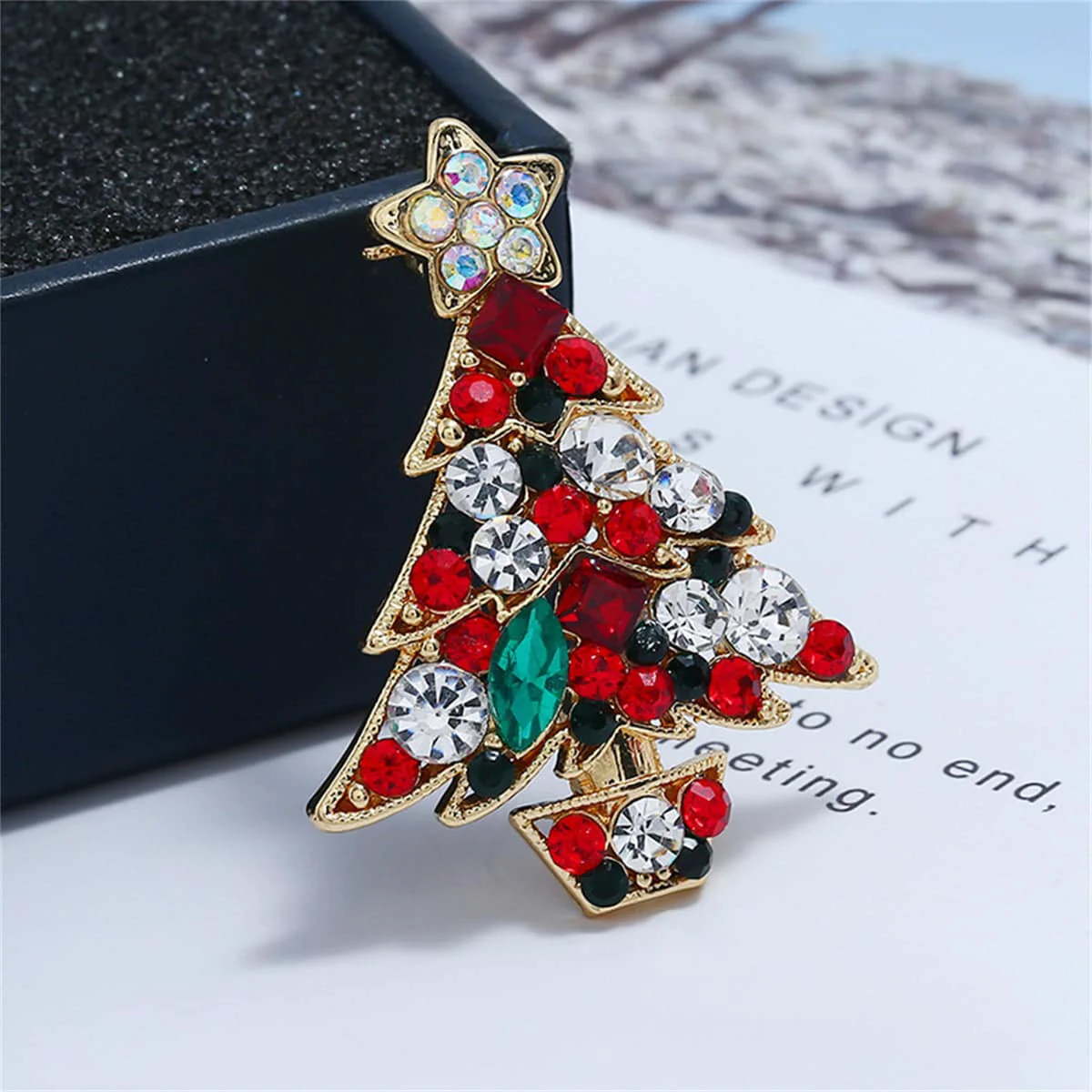Smooth Red Green Cubic Zirconia Goldtone Christmas Tree Brooch Sustainable