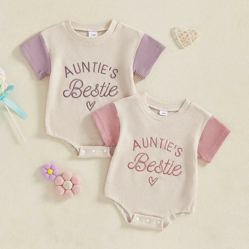 Traditional Baby Girl Auntie's ie Romper Contrast Color Letter Embroidery Waffle Crew Neck Short Sleeve JumpsuitSPECIFICATIONS Original