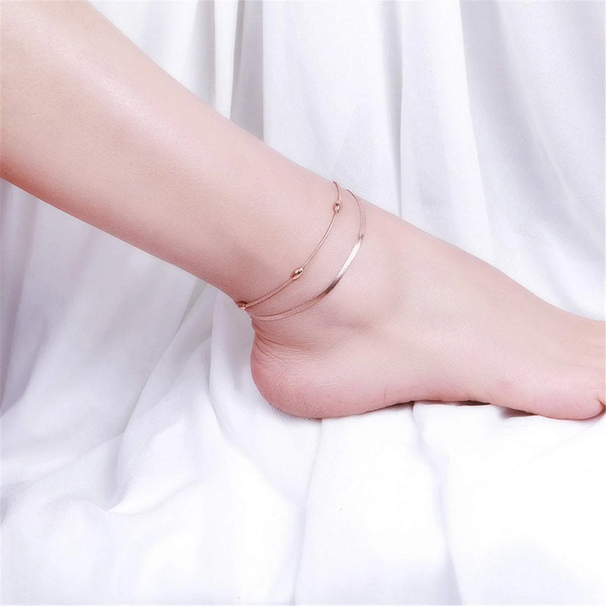 Outstanding Rose Goldtone Bead Snake Chain Layered Anklet Fine Crafted