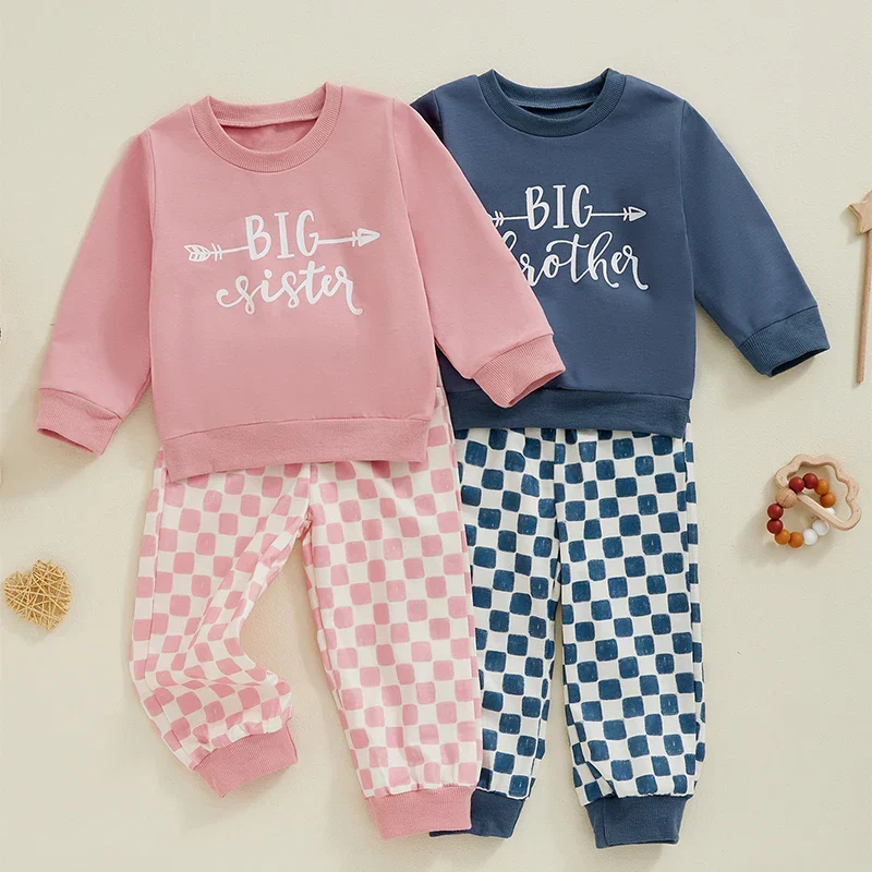 Selected Toddler Kids Boys Girls 2Pcs Big Brother Sister Letter Print Long Sleeve Top with Elastic Waist Checkered Print Pants Set OutfitSPECIFICATIONS Optimized