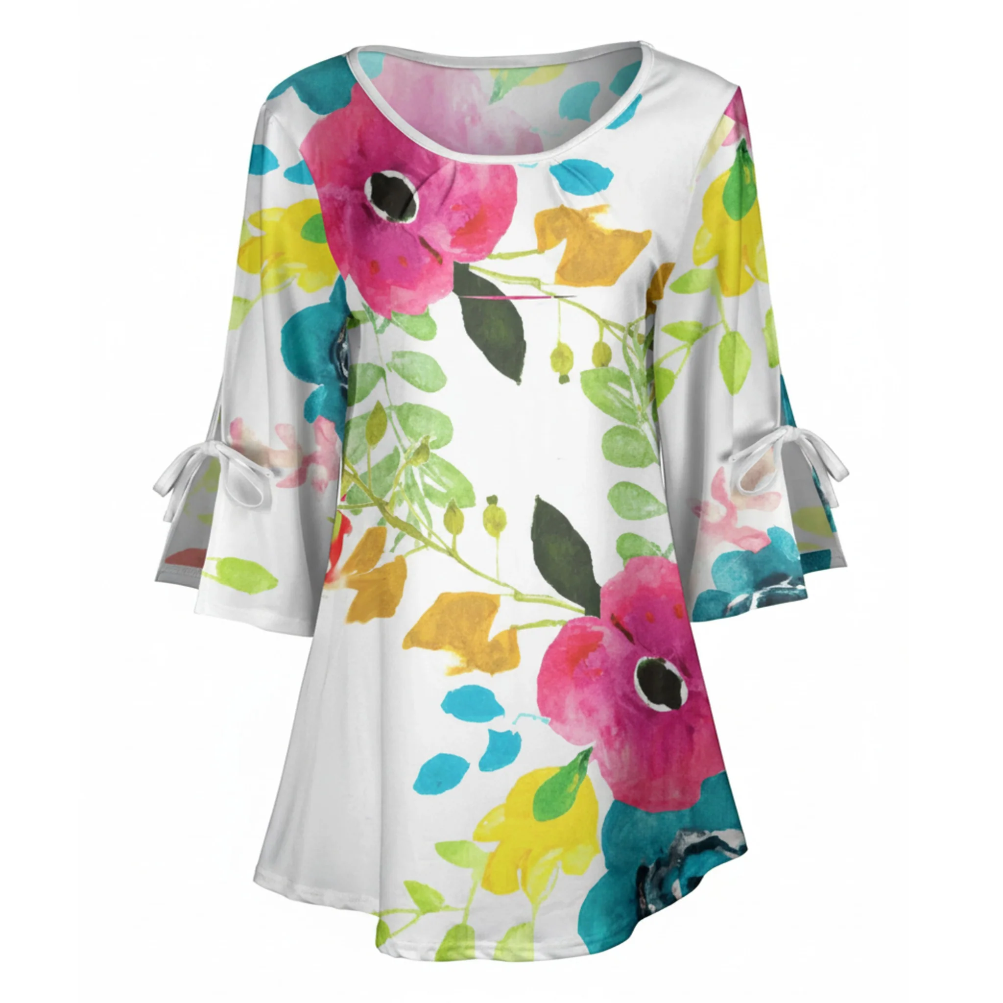 Advanced Lily by Firmiana Women's Round Neck Tunic with Split Hem ¾ Sleeves and Tie Detail White Floral with Pink Blue Accents Healthy