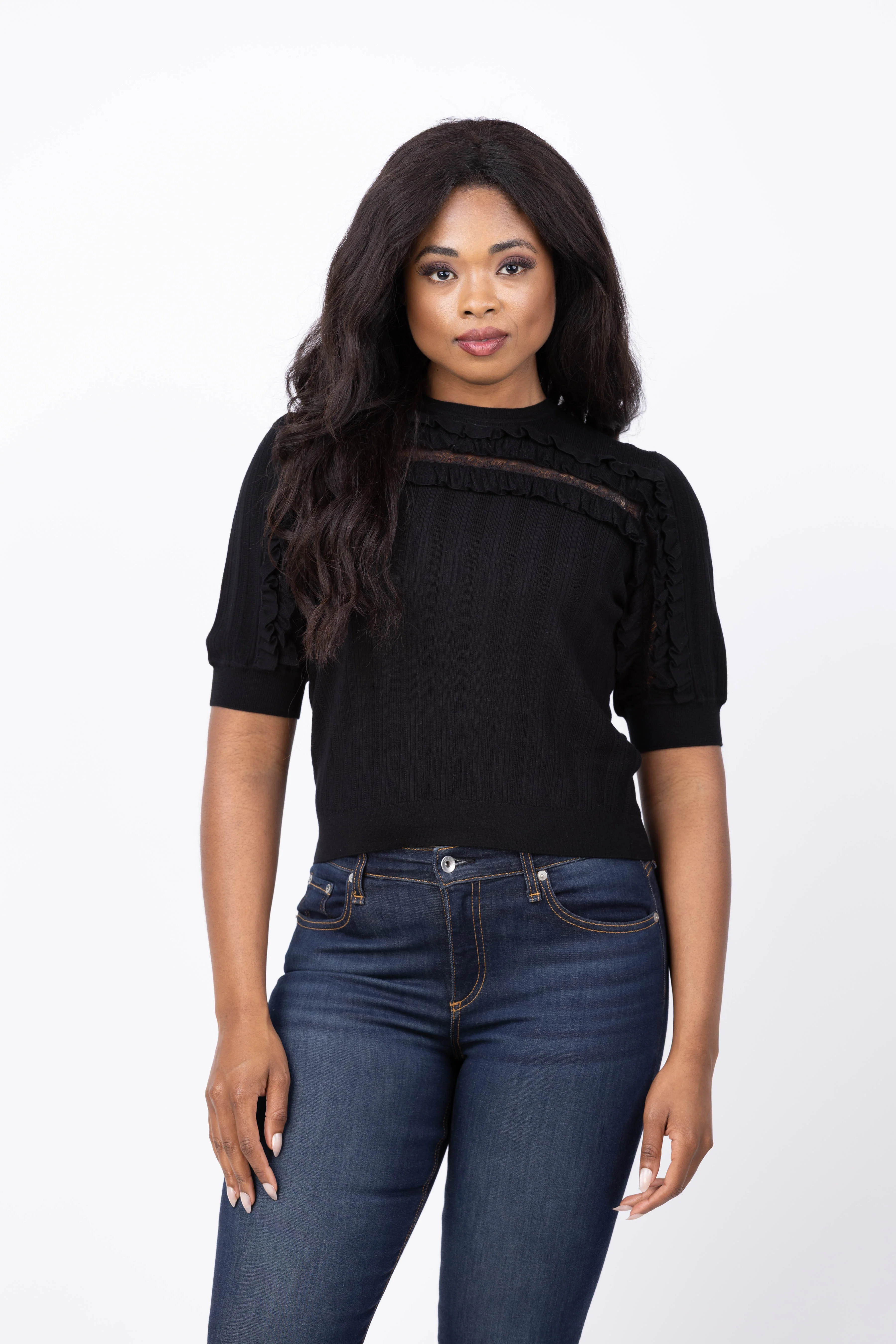 Authentic Ulla Johnson Salima Short Sleeve Knit Top in Noir Smooth