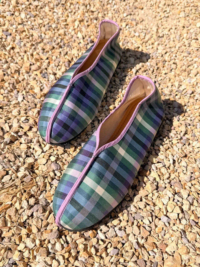 Crafted high seam theater shoes - silk plaid with lilac trim Luxury