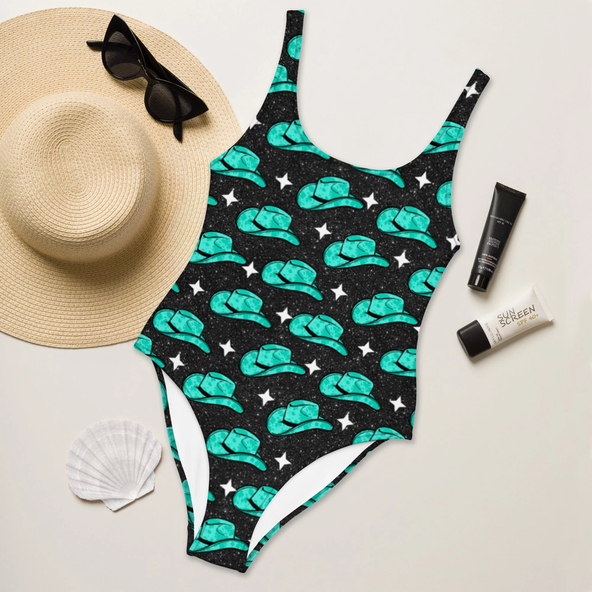 Selected Baha Ranch Yeehaw Turquoise Hat One-Piece Swimsuit Unique