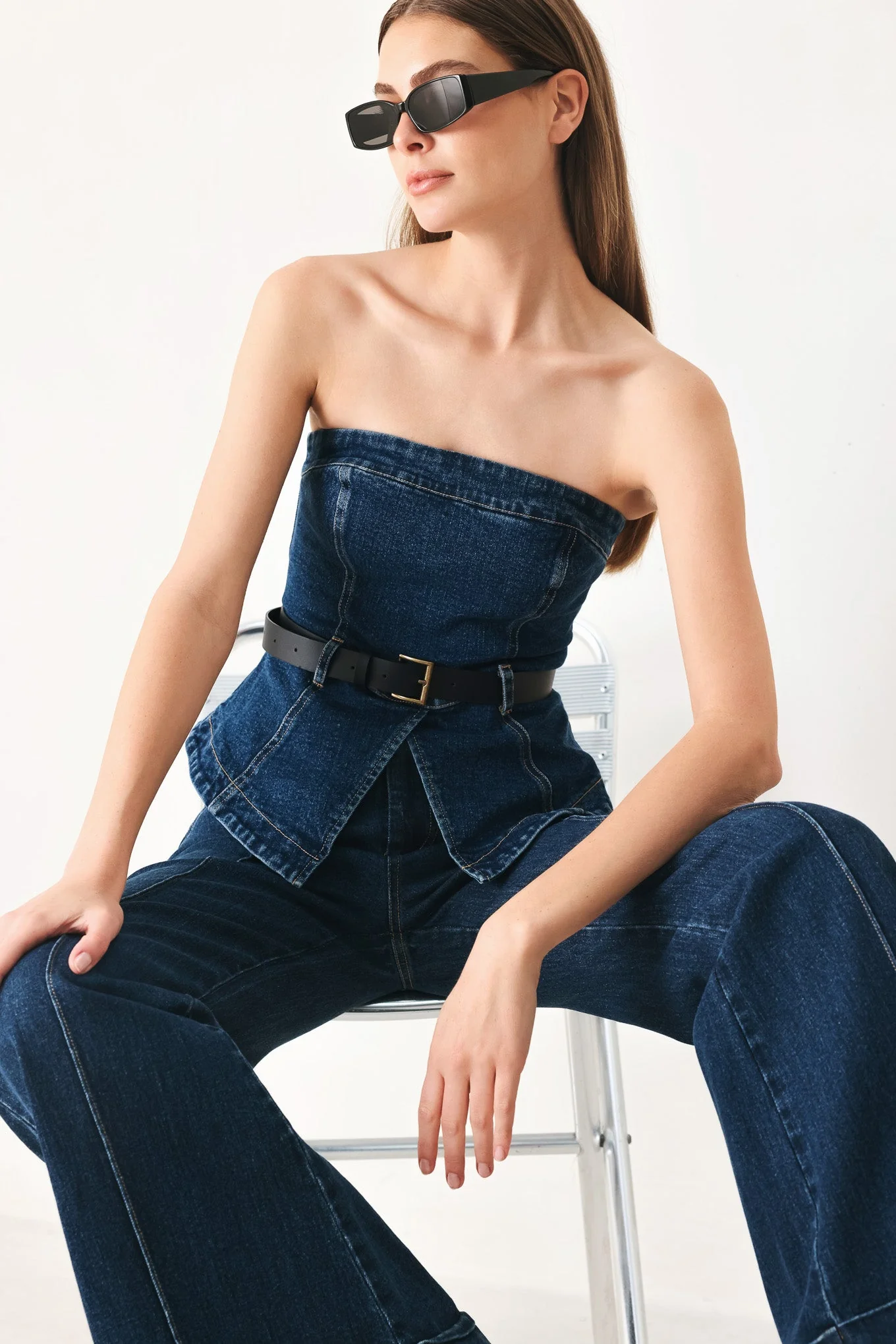 Convenient Skyline Flare Denim Tube Top Breathable